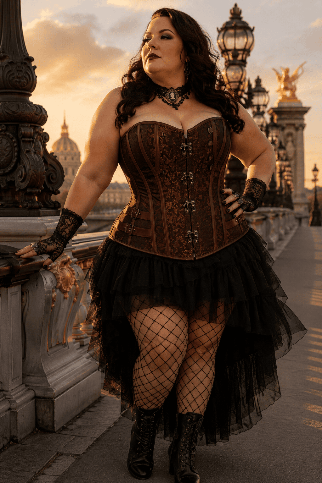 Corset bustier pirate brun grande taille porté avec une jupe asymétrique en tulle noir, des bas résilles et des bottines victoriennes au pont Alexandre III à Paris, à la golden hour.