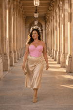 Mannequin femme taille L portant un corset bustier rose à strass coupe-cœur avec une jupe satin champagne a la galerie de montpensier au palais royal a Paris.