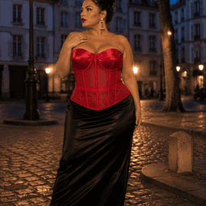 Femme élégante portant un corset bustier rouge transparent grande taille avec jupe satinée noire à la place dauphine à Paris