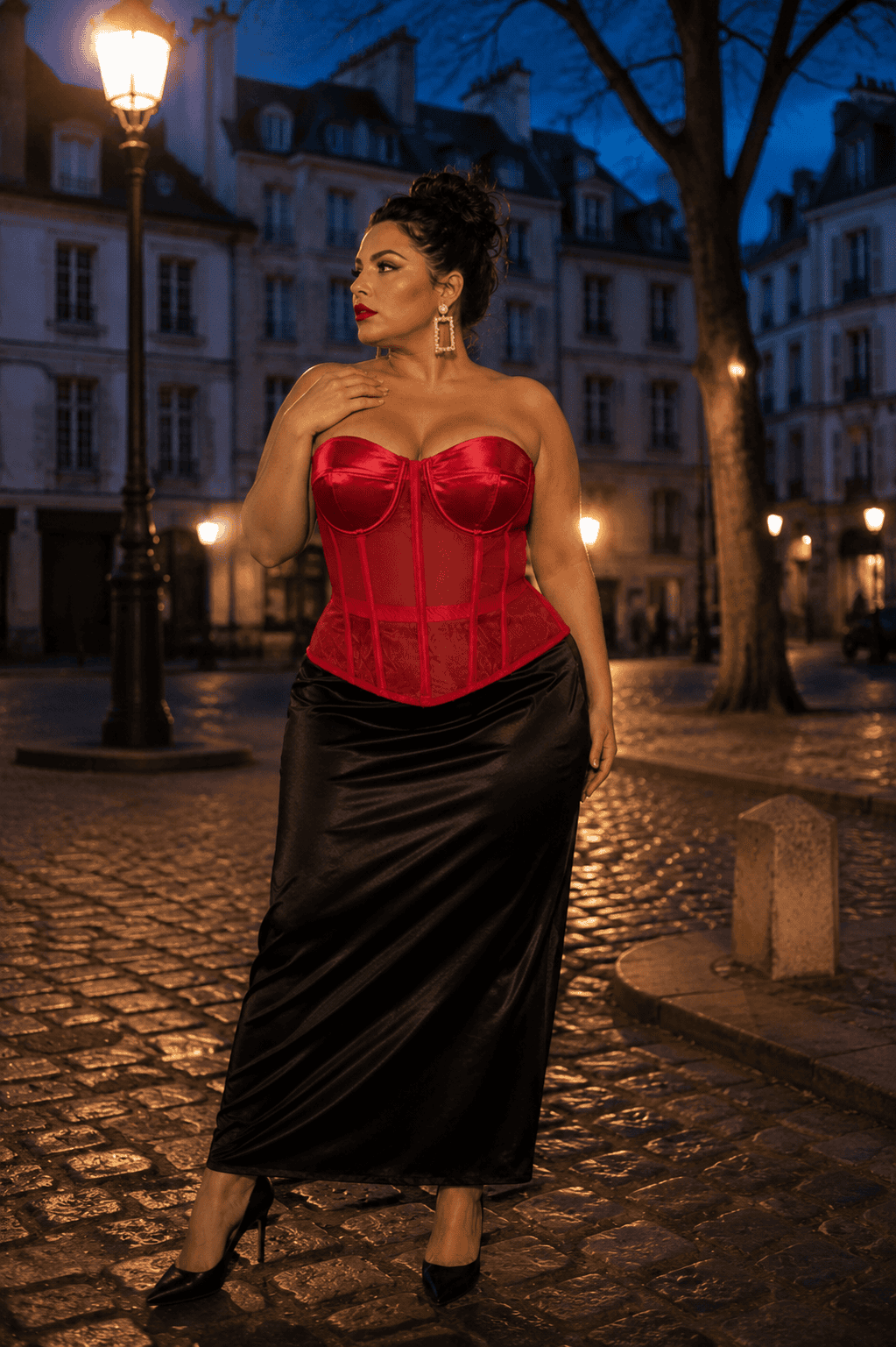 Femme élégante portant un corset bustier rouge transparent grande taille avec jupe satinée noire à la place dauphine à Paris