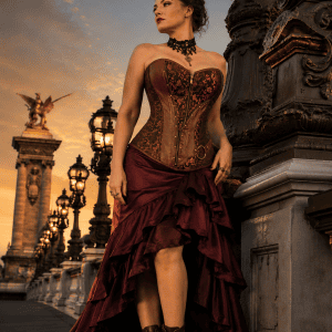 Femme portant un corset bustier steampunk marron fleuri en brocart et similicuir, avec une jupe asymétrique à volants bordeaux, photographiée au Pont Alexandre III à Paris à la golden hour.