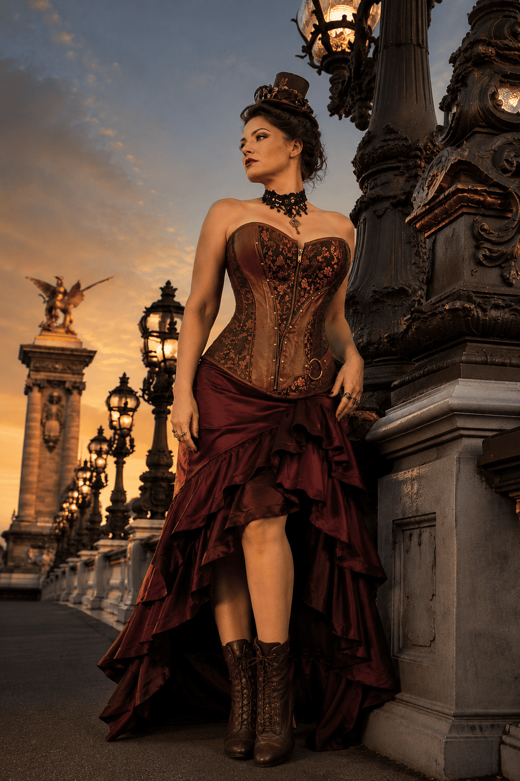 Femme portant un corset bustier steampunk marron fleuri en brocart et similicuir, avec une jupe asymétrique à volants bordeaux, photographiée au Pont Alexandre III à Paris à la golden hour.