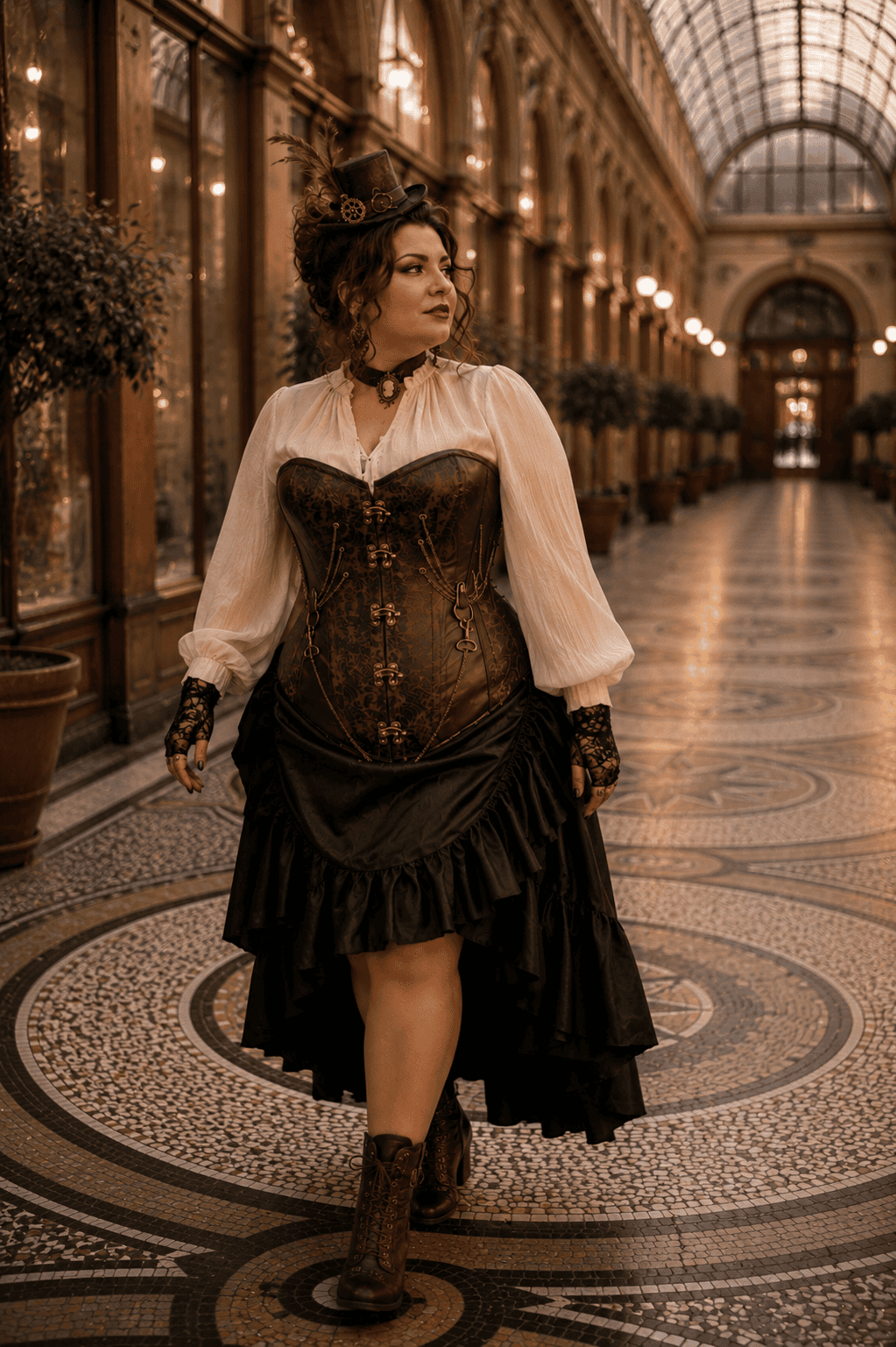 Femme portant un corset bustier pirate steampunk marron sur une chemise crème à manches bouffantes, avec une jupe asymétrique noire et des bottines en cuir, photographiée dans la Galerie Vivienne à Paris sur son célèbre sol en mosaïque.