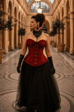 Corset bustier victorien rouge carmin en brocart porté avec une jupe longue noire en tulle à la Galerie Vivienne à Paris.