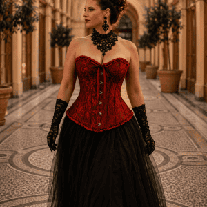 Corset bustier victorien rouge carmin en brocart porté avec une jupe longue noire en tulle à la Galerie Vivienne à Paris.