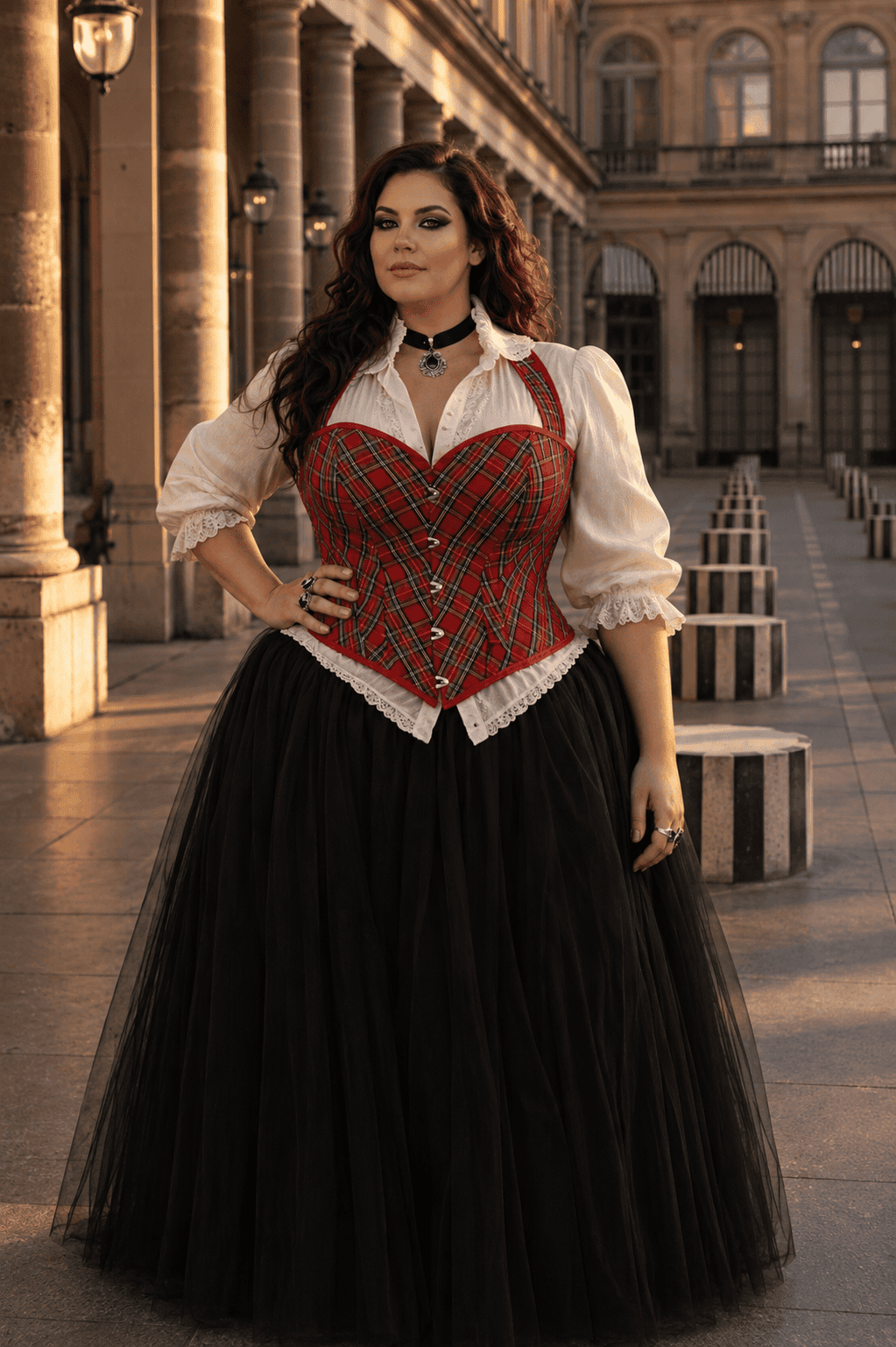 Corset écossais rouge et gris grande taille porté sur un chemisier blanc romantique au Palais-Royal à Paris.
