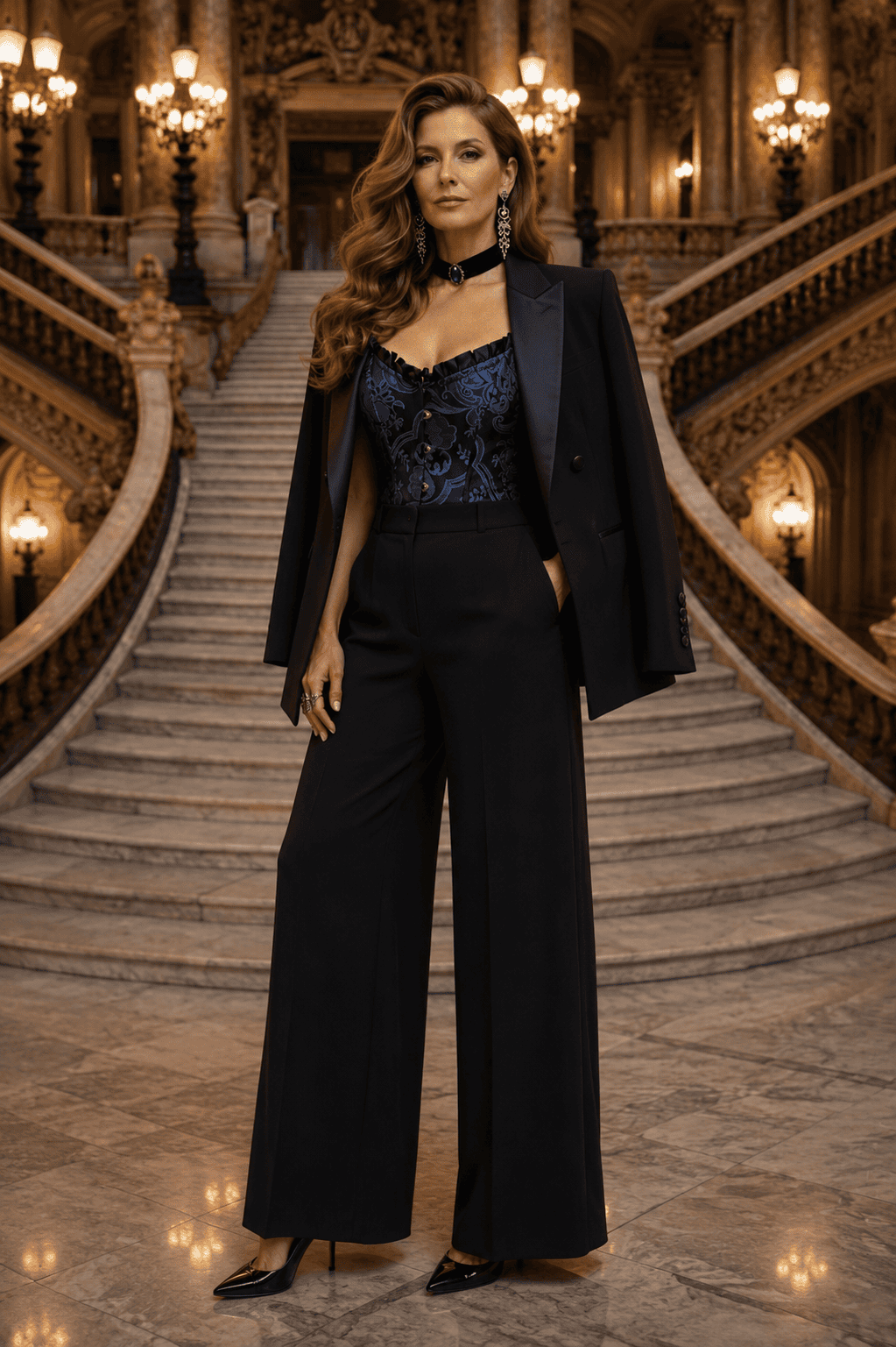Corset gothique chic noir et bleu indigo en brocart satiné porté avec un blazer noir et un pantalon palazzo au Palais Garnier.