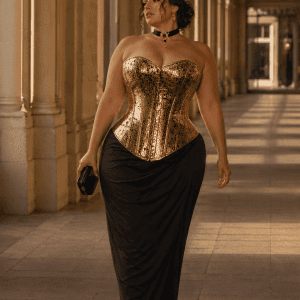 modèle grande taille 4xl portant un corset gothique doré effet serpent à 7 buscs a la galerie de montpensier à paris golden hour, jupe longue noire taille haute et look victorien moderne