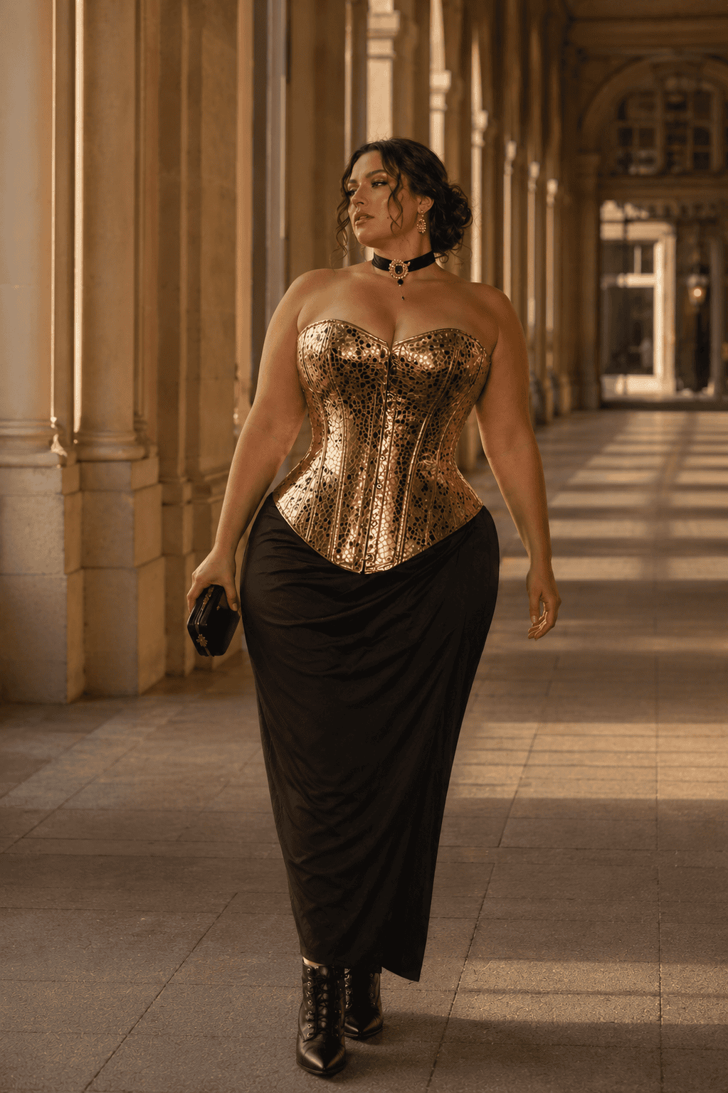 modèle grande taille 4xl portant un corset gothique doré effet serpent à 7 buscs a la galerie de montpensier à paris golden hour, jupe longue noire taille haute et look victorien moderne