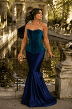 Corset gothique effet velours vert turquoise porté avec une jupe sirène bleu marine à la fontaine Médicis à Paris