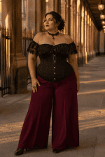 Femme de 40 ans portant un corset noir à dentelle grande taille avec pantalon palazzo bordeaux a la galerie valois a Paris à la golden hour.