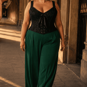 Corset gothique noir à lacets grande taille avec bretelles larges réglables, porté avec un pantalon fluide vert émeraude taille haute dans la Galerie de Montpensier au Palais-Royal à Paris, lumière dorée de fin de journée.