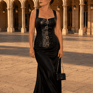 Corset gothique noir en similicuir à lacets porté avec une jupe longue satinée noire sur le parvis du Palais Garnier à Paris.
