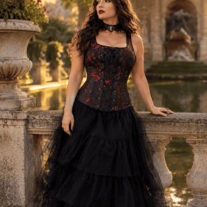 Femme de 40 ans portant un corset gothique noir et rouge à bretelles avec une longue jupe en tulle noire a la fontaine de medicis a Paris lors d’une séance photo éditoriale de mode
