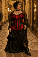 Femme de 45 ans portant un corset gothique noir et rouge grande taille avec jupe longue en satin noir à la Galerie Vivienne à Paris.