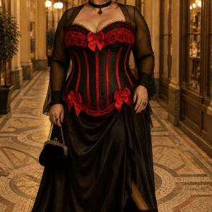 Femme de 45 ans portant un corset gothique noir et rouge grande taille avec jupe longue en satin noir à la Galerie Vivienne à Paris.
