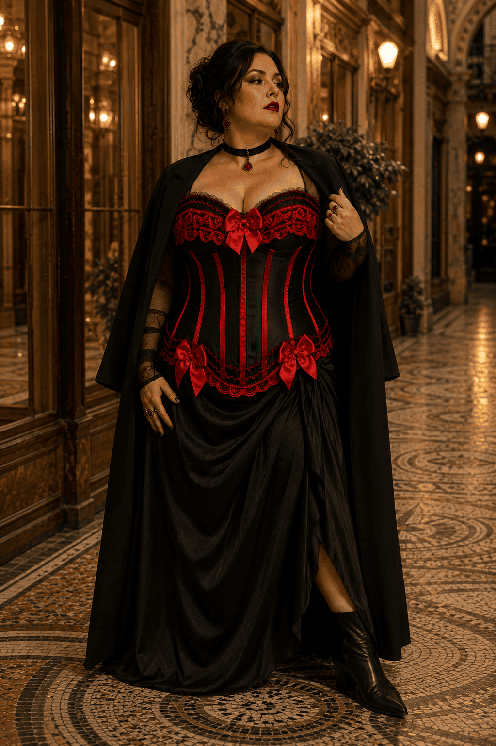 Corset gothique noir et rouge grande taille avec long manteau noir fluide posé sur les épaules à la Galerie Vivienne.