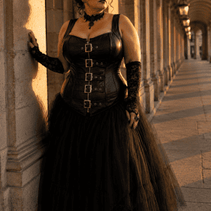 Femme grande taille portant un corset gothique noir à boucles métalliques avec jupe longue en tulle noir galerie valois à Paris à la golden hour.