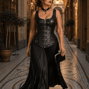 Corset gothique noir en similicuir et métal porté avec une jupe longue plissée noire dans la Galerie Vivienne à Paris à la lumière dorée du soir.