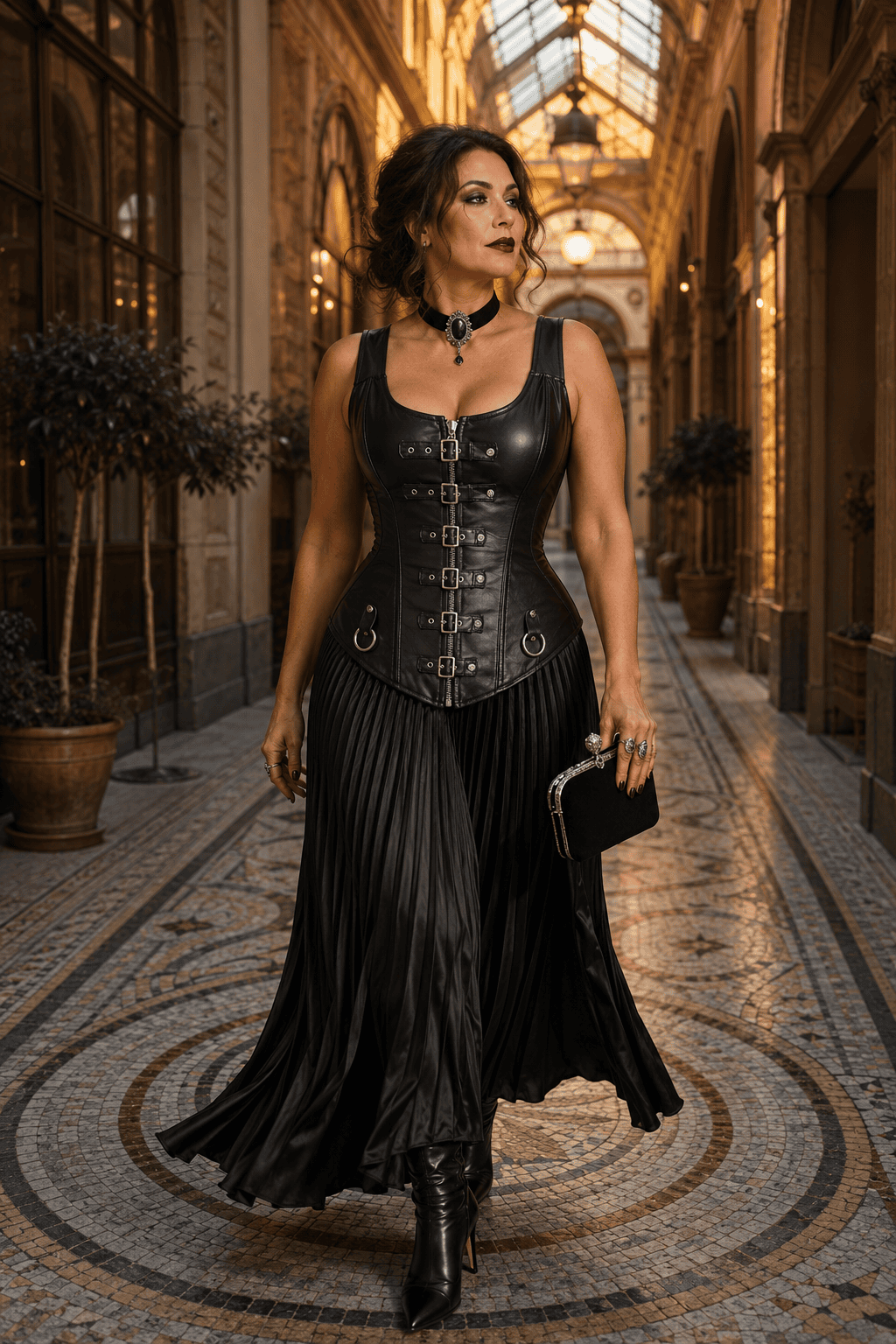 Corset gothique noir en similicuir et métal porté avec une jupe longue plissée noire dans la Galerie Vivienne à Paris à la lumière dorée du soir.