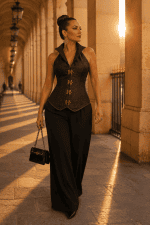 Femme portant un corset licou en similicuir steampunk et gothique brun foncé avec pantalon tailleur noir fluide au galerie valois au coucher du soleil.
