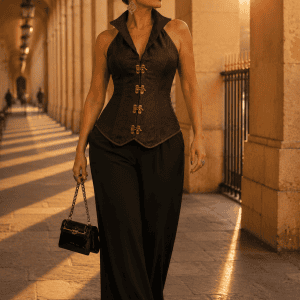 Femme portant un corset licou en similicuir steampunk et gothique brun foncé avec pantalon tailleur noir fluide au galerie valois au coucher du soleil.