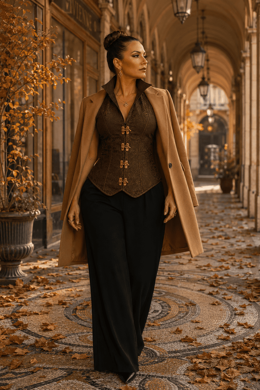 Corset marron élégant porté avec un pantalon tailleur noir et un blazer camel dans la Galerie Vivienne en automne à Paris.