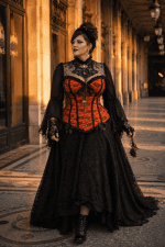 corset grande taille neo victorien orange et noir avec jupe longue brocart noir a la galerie de montpensier paris lumiere doree