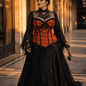 corset grande taille neo victorien orange et noir avec jupe longue brocart noir a la galerie de montpensier paris lumiere doree