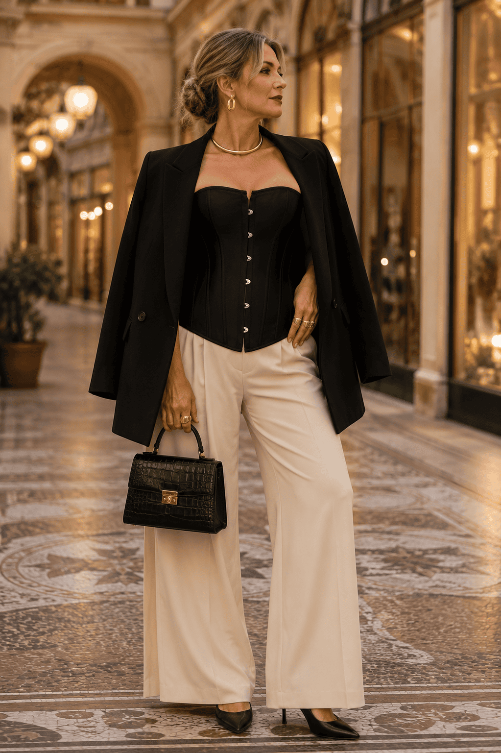 Femme de 55 ans portant un corset noir avec un pantalon de tailleur crème et un blazer noir oversize à la Galerie Vivienne à Paris.