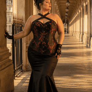 Femme de 40 ans taille 3XL portant un corset noir à fleurs rouges grande taille avec col croisé, jupe sirène en satin noir et mitaines en dentelle noire a la galerie de montpensier à Paris, sous une lumière dorée de fin de journée.