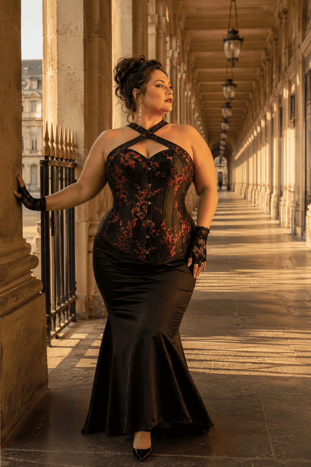 Femme de 40 ans taille 3XL portant un corset noir à fleurs rouges grande taille avec col croisé, jupe sirène en satin noir et mitaines en dentelle noire a la galerie de montpensier à Paris, sous une lumière dorée de fin de journée.