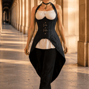 Corset noir steampunk style queue de pie porté avec une blouse fluide crème et un pantalon de tailleur noir dans la Galerie de Montpensier au Palais-Royal à Paris, lumière dorée de fin de journée.