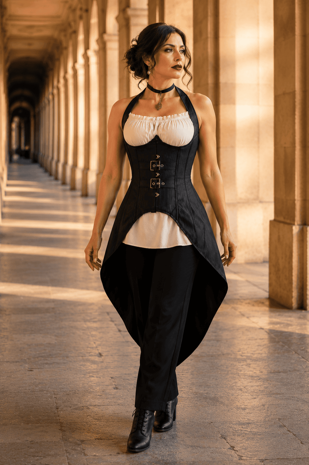 Corset noir steampunk style queue de pie porté avec une blouse fluide crème et un pantalon de tailleur noir dans la Galerie de Montpensier au Palais-Royal à Paris, lumière dorée de fin de journée.