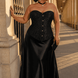 Corset noir fleuri grande taille en jacquard ton sur ton, avec fermeture à busc métallique sur le devant et coupe cintrée mettant en valeur la silhouette. Présenté dans un look élégant avec une jupe longue en satin noir lors d'une séance photo éditoriale a la galerie de montpensier a Paris.