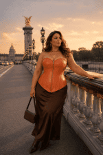 Femme de 40 ans portant un corset orange brûlé en similicuir grande taille avec fermeture zippée à l’avant, associé à une jupe longue satinée marron chocolat sur le pont Alexandre III à Paris.