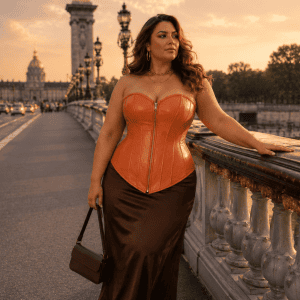 Femme de 40 ans portant un corset orange brûlé en similicuir grande taille avec fermeture zippée à l’avant, associé à une jupe longue satinée marron chocolat sur le pont Alexandre III à Paris.