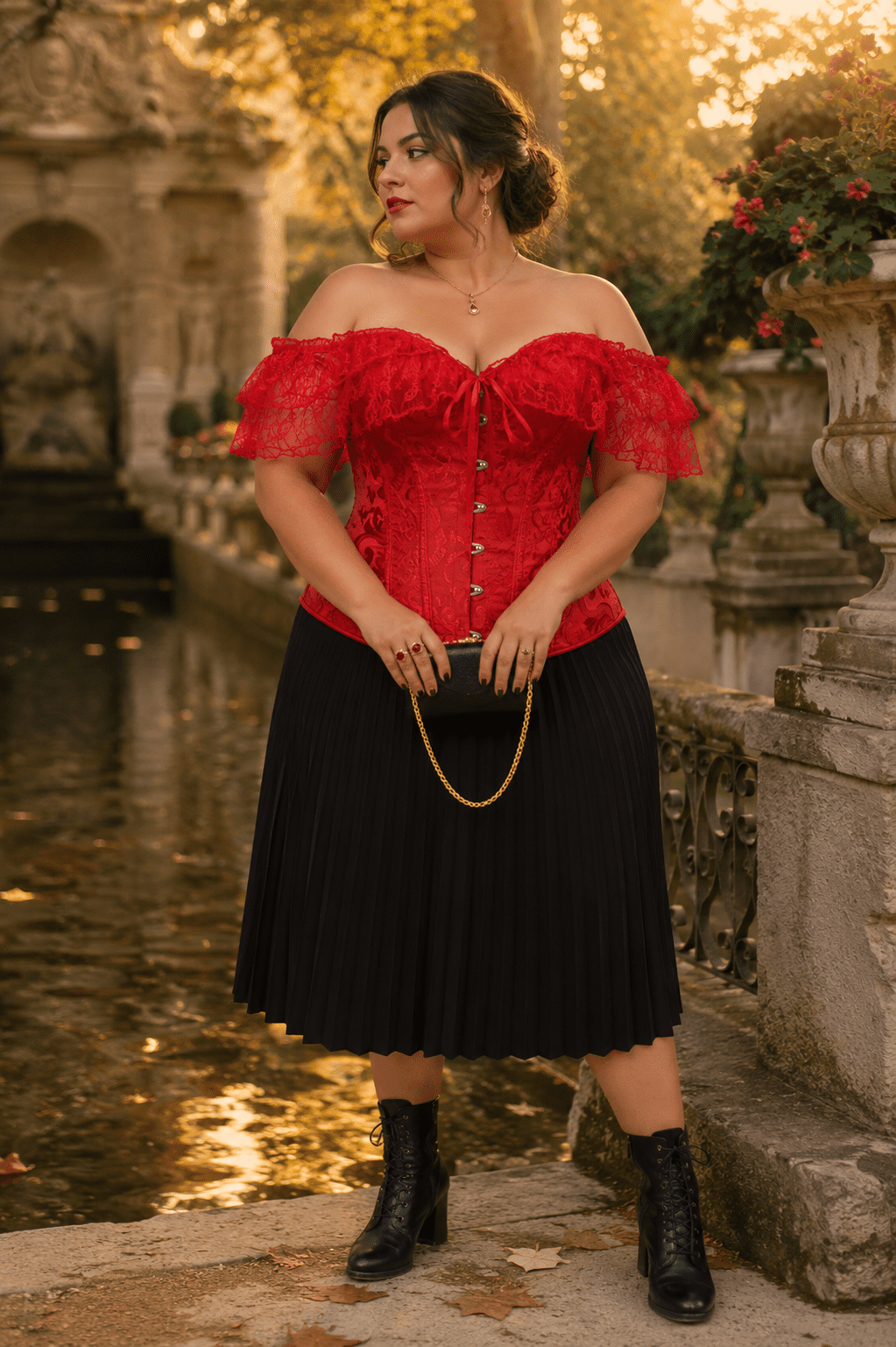 Photo éditoriale de mode d'une femme de 45 ans en grande taille 3XL portant un corset victorien rouge en jacquard avec manches en dentelle col Bardot, associé à une jupe midi plissée noire, photographiée à la Fontaine de Médicis à Paris à la golden hour du soir.