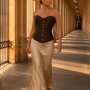Femme de 45 ans portant un corset satin marron gothique neo-victorien avec une jupe satinée crème et un long trench beige au Pont Alexandre III à Paris à la golden hour.