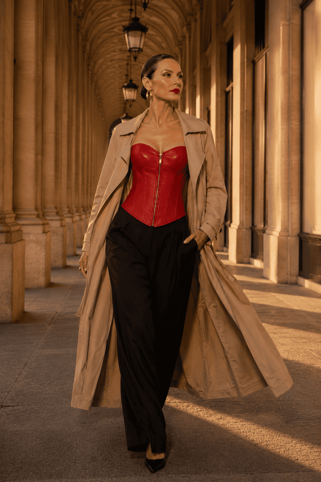 Femme portant un corset rouge en similicuir avec un trench beige et un pantalon de tailleur noir dans une galerie parisienne élégante.