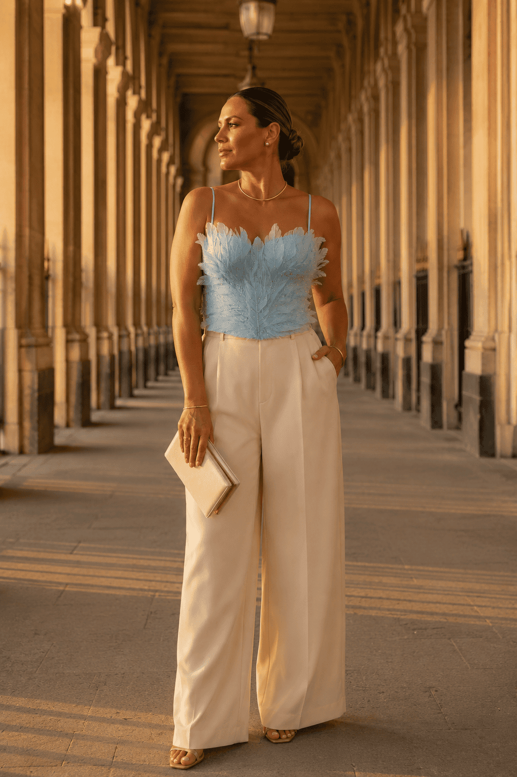 Femme portant un corset soutien-gorge bleu ciel à plumes avec pantalon crème élégant a la galerie de montpensier à Paris