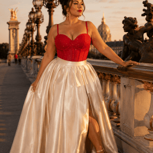 Corset soutien-gorge rouge à strass porté avec une longue jupe satinée crème sur le Pont Alexandre III à Paris au coucher du soleil.