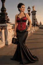 Femme de 45 ans portant un corset steampunk en brocart rouge carmin et similicuir noir avec jupe sirène noire en satin duchesse au Pont Alexandre III à Paris, à la golden hour du soir.