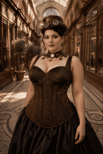 corset steampunk marron grande taille brocart porte femme elegante jupe satin noir galerie vivienne paris