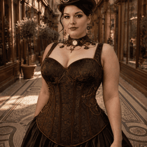 corset steampunk marron grande taille brocart porte femme elegante jupe satin noir galerie vivienne paris