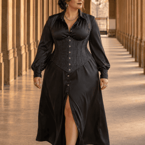 Femme grande taille portant un corset style jean noir à bretelles sur une robe chemise longue noire en satin fluide, photographiée à la Galerie de Montpensier du Palais-Royal à Paris dans une lumière douce de lever de soleil.