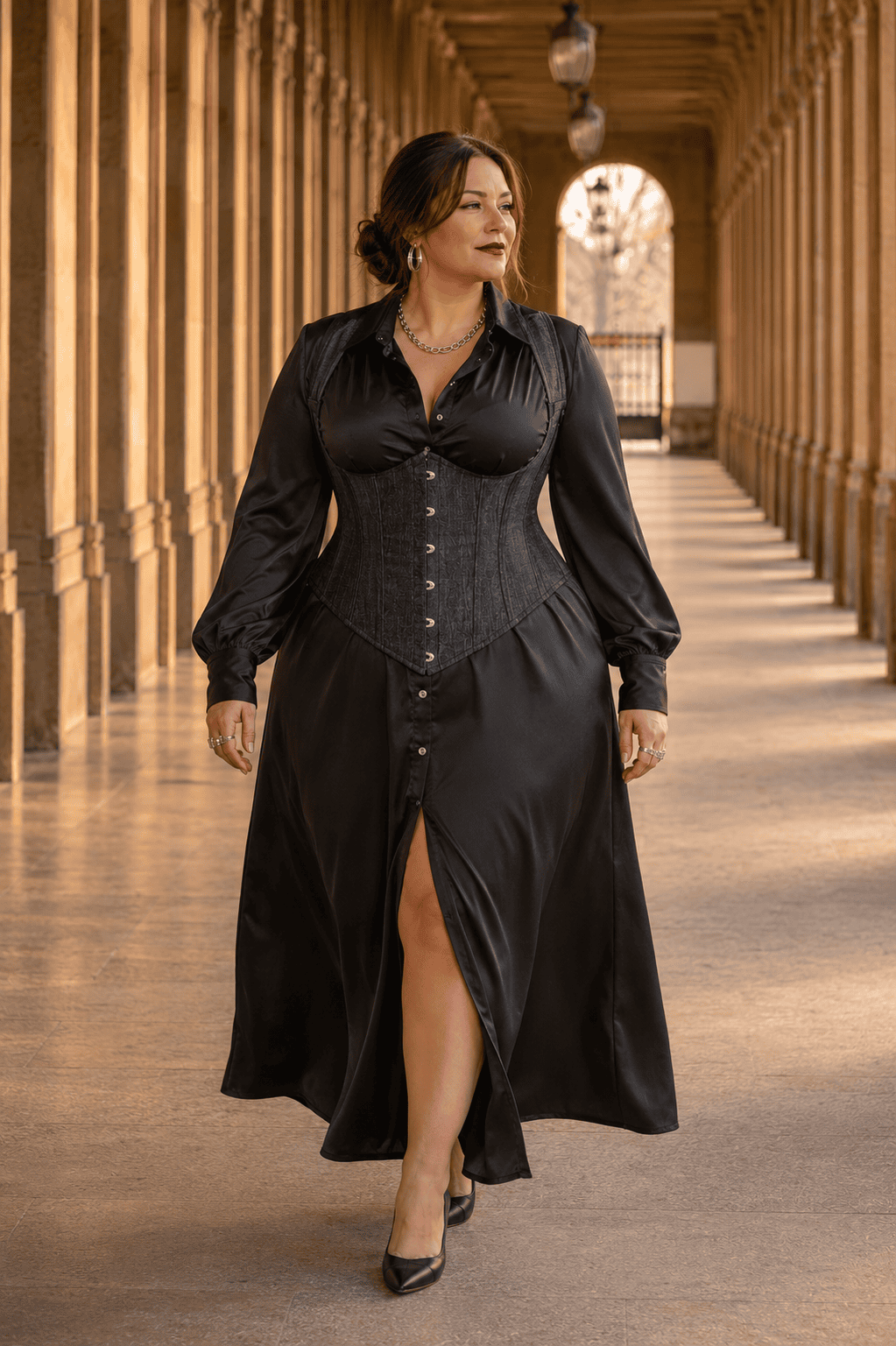 Femme grande taille portant un corset style jean noir à bretelles sur une robe chemise longue noire en satin fluide, photographiée à la Galerie de Montpensier du Palais-Royal à Paris dans une lumière douce de lever de soleil.
