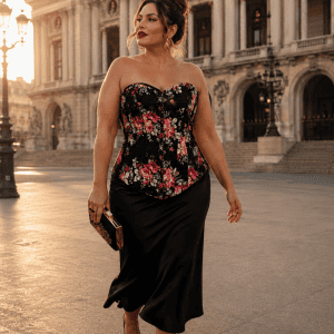 Corset style jean noir à imprimé floral grande taille porté avec une jupe satinée noire sur le parvis du Palais Garnier à Paris, dans une élégante lumière dorée de fin de journée.