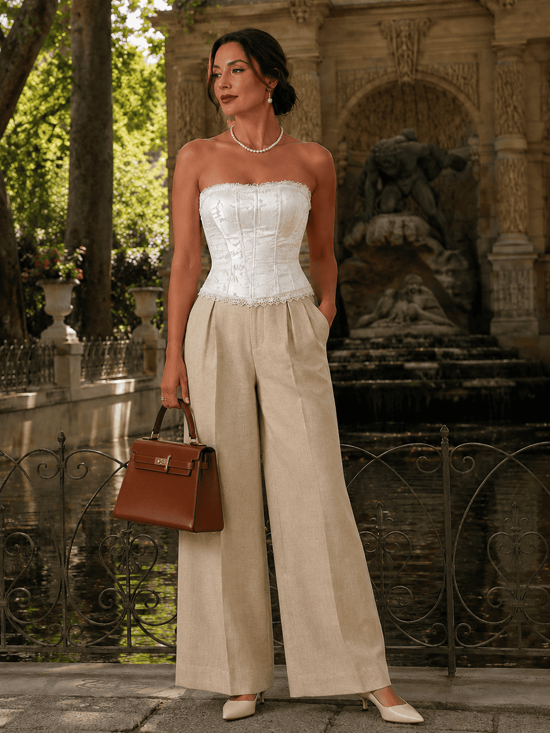 Femme portant un corset blanc avec un pantalon tailleur en lin beige, un sac structuré en cuir cognac et des escarpins crème à la Fontaine de Médicis à Paris.