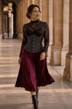 Corset underbust style jean noir délavé à bretelles porté avec un body en dentelle noire et une jupe midi plissée bordeaux à la Galerie de Montpensier au Palais Royal à Paris.